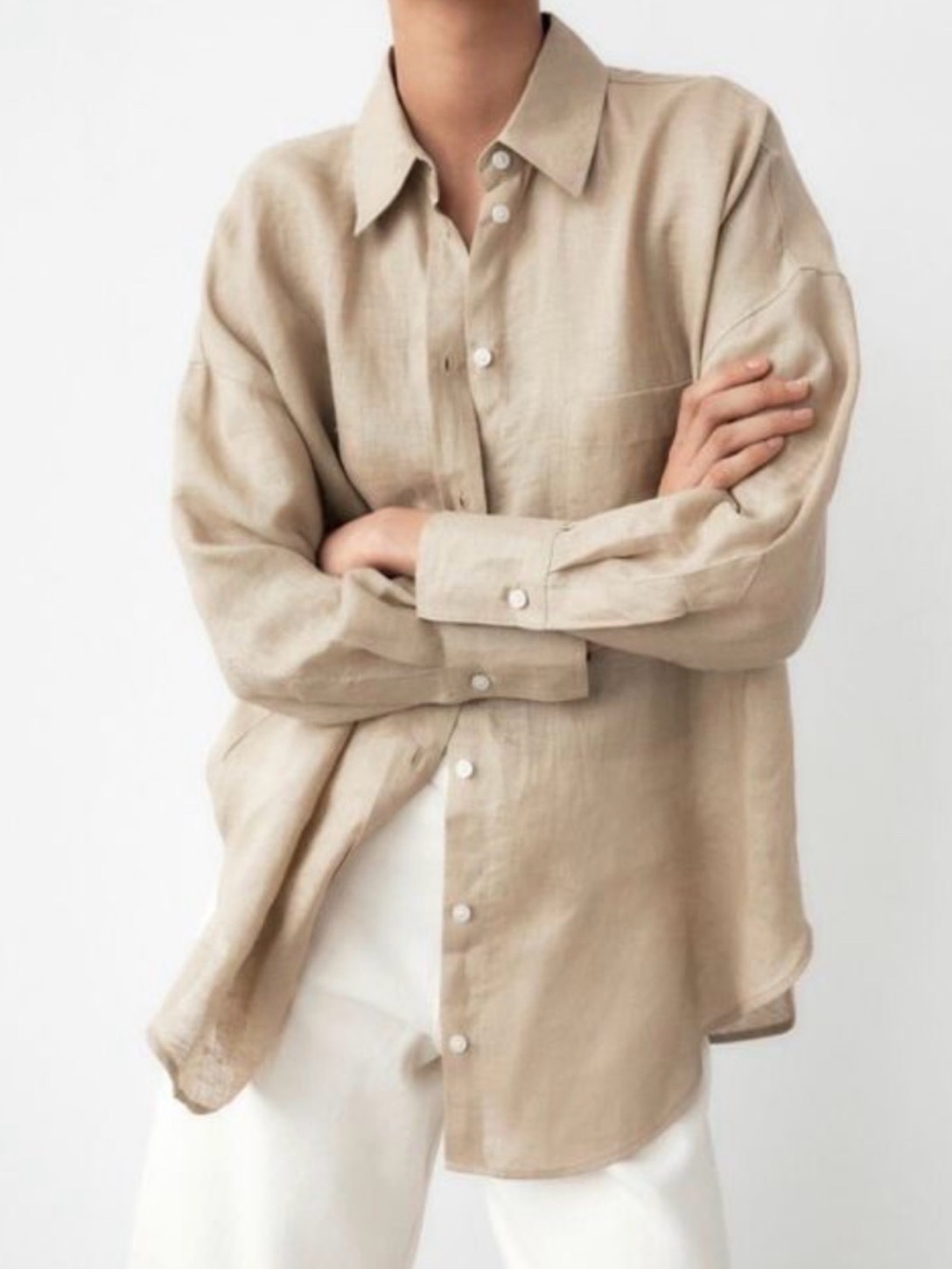Zara Womens Shirt Linen Beige Button Front Size Large